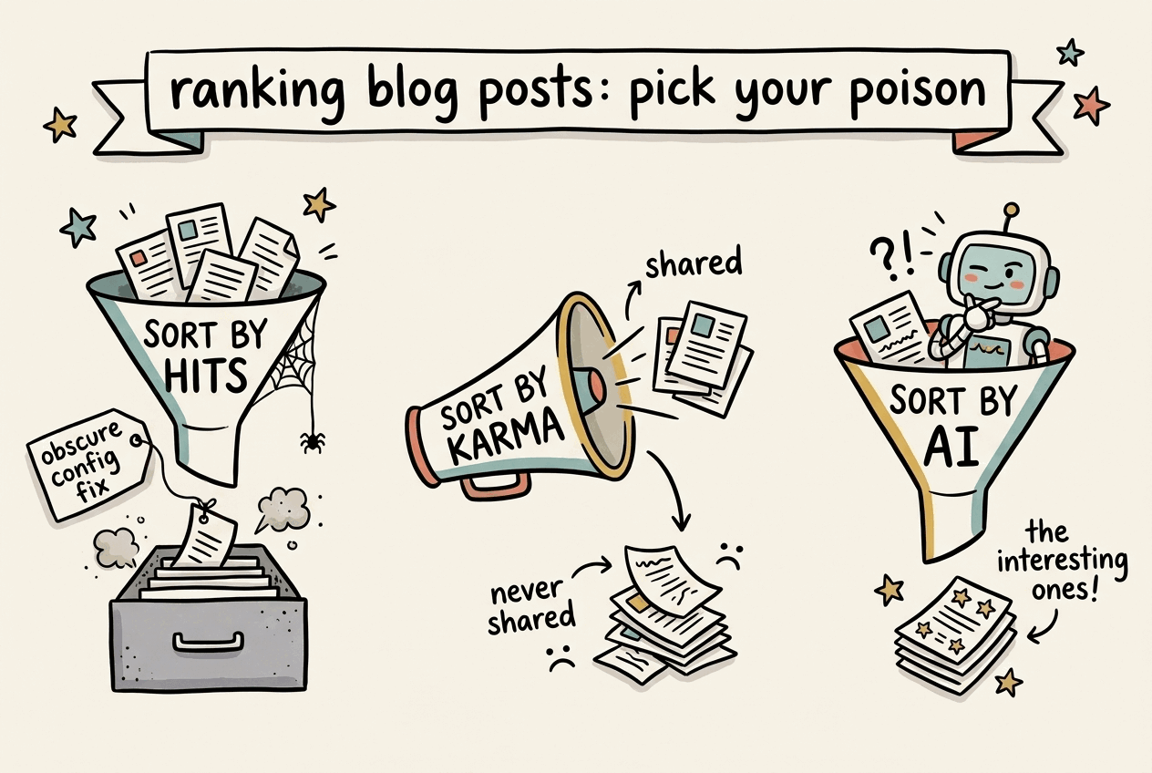 Sketchnote "ranking blog posts: pick your poison": sort by hits dumps posts into a dusty filing cabinet, sort by karma keeps only shared posts and ignores a "never shared" pile, and sort by AI picks out "the interesting ones".