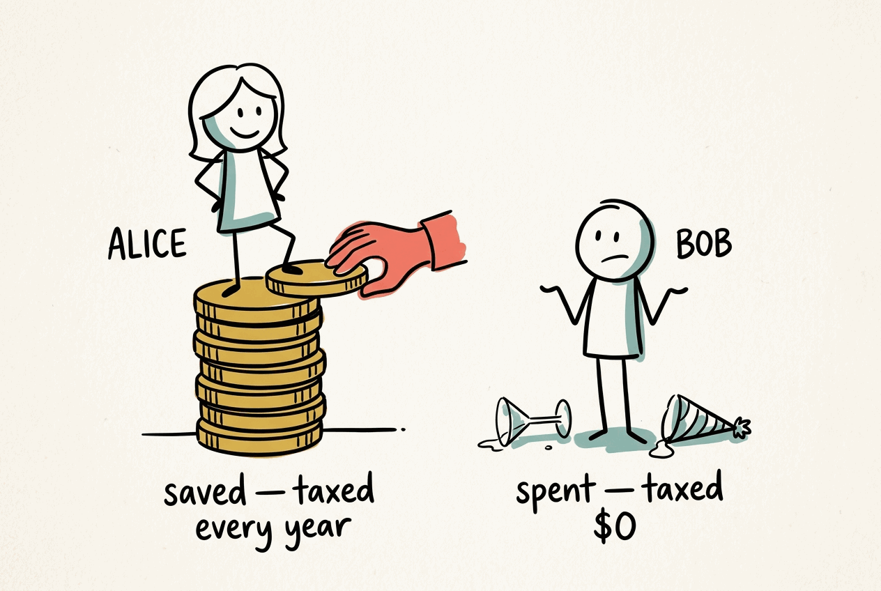 Sketchnote: Alice stands atop a tall stack of coins labeled "saved — taxed every year" while a red hand takes a coin from the top; Bob stands amid empty party detritus labeled "spent — taxed $0".