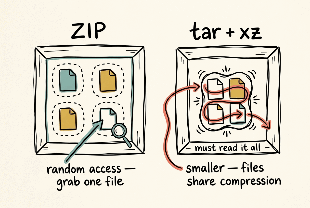 Two labeled crates. In the ZIP crate, four files each sit in their own dashed compression bubble, and a magnifying-glass arrow reaches in to grab a single file: random access. In the tar+xz crate, the four files are squeezed together into one shared compressed blob, so a winding arrow must thread through every file to reach the last one, but the files share compression and end up smaller.